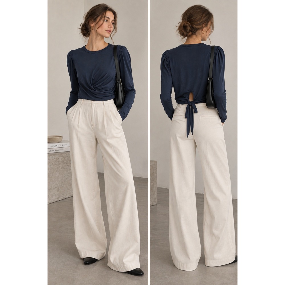 A.L.C. Mandy Front Twist Puff Sleeve Crop Top S Navy Blue Cotton Minimalist Chic